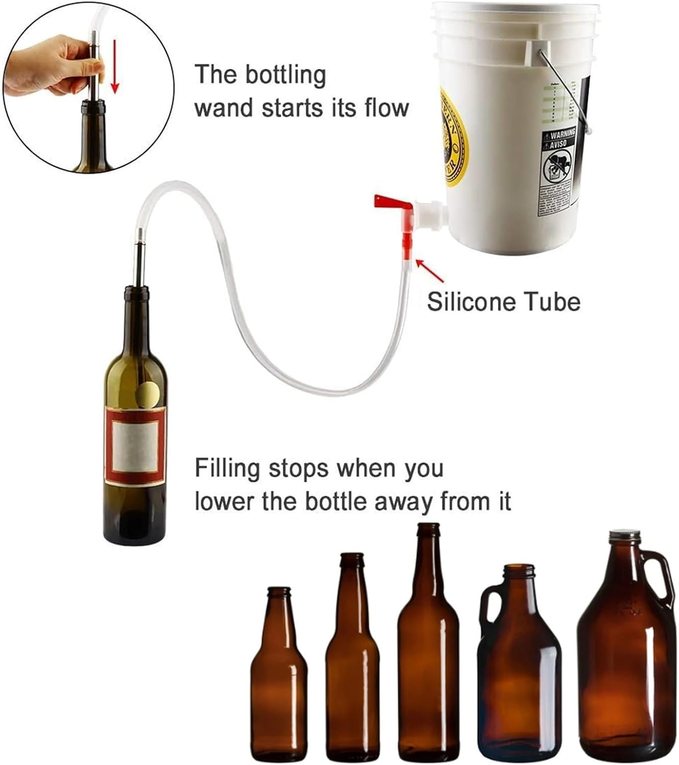 304SS Spring Loaded Beer Bottle Filler with Nylon Cleaning Brush - 13.7" Home Brewing Tool(1pcs)