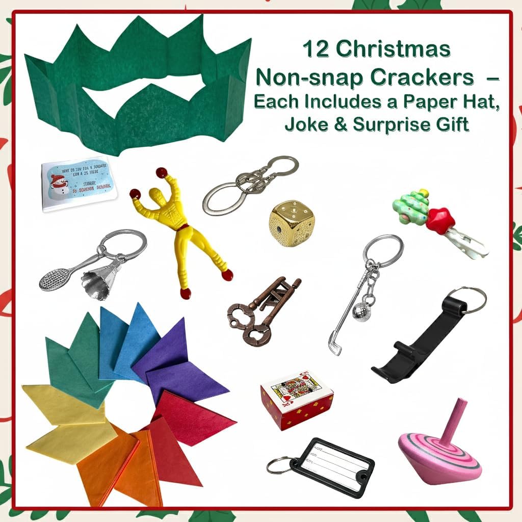 12-Pack Christmas Crackers Non-Snap – Holiday Party Favors with Hat, Joke & Surprise Gift Inside, Christmas Table Decorations for Family Dinner