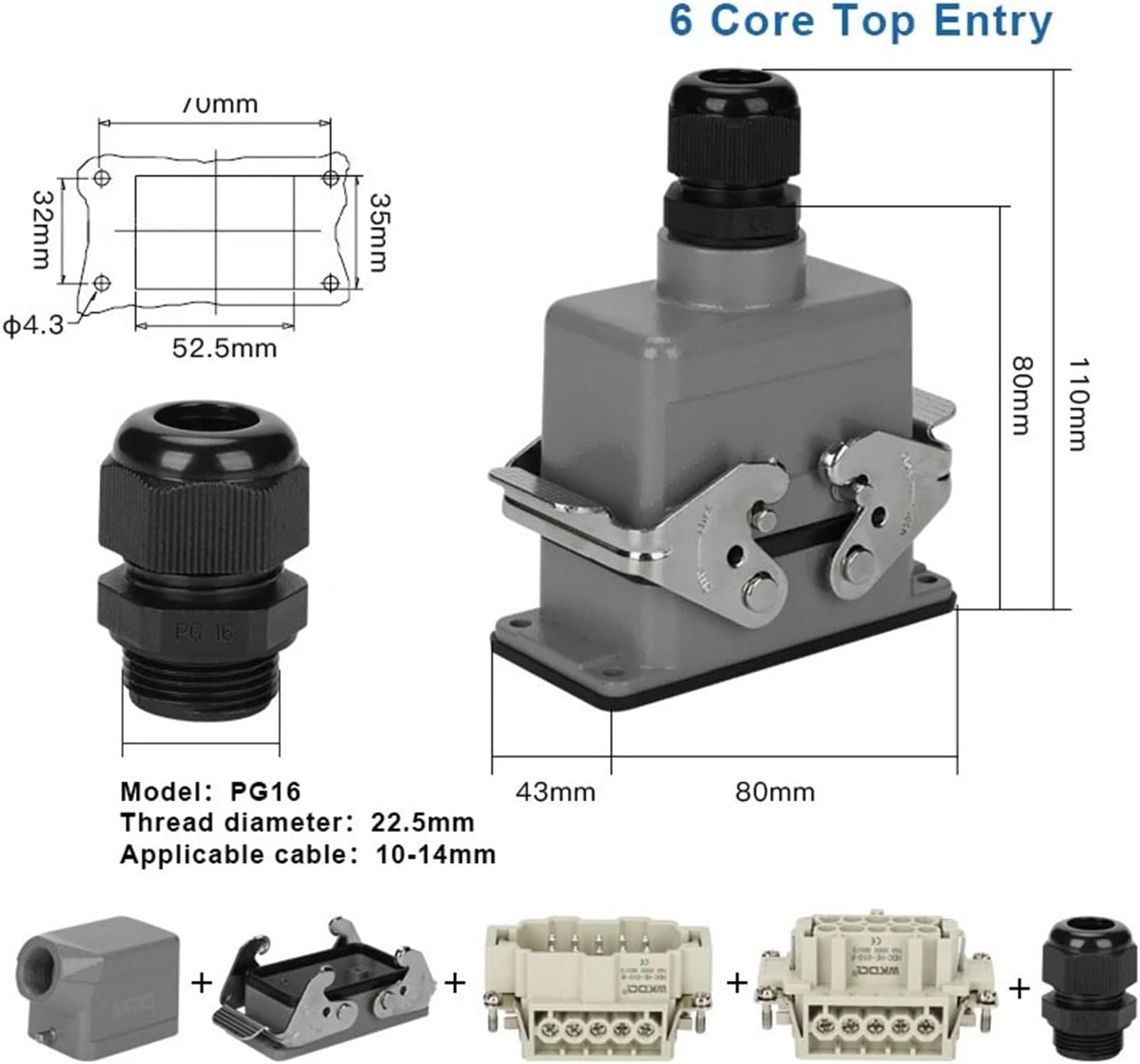 Push in Heavy Duty Connector Wiring 6/10/16/24/32/48 Core Pin HE Top/Side Entry Industrial Powe Waterproof Connectors(6 Core Top Entry)