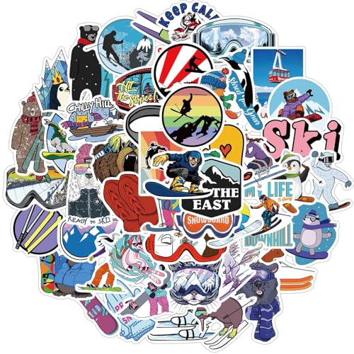 50PCS Cute Ski Stickers Pack, Cool Winter Skiing Stickers for Kids Teens Adults, Waterproof Ski Sticker for Water Bottles Scrapbook Journal Snowboard Helmet Luggage Party Favors(Skiing)