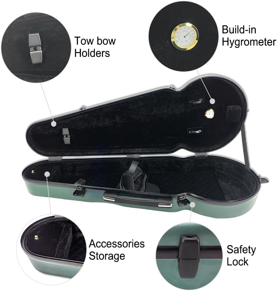 Vetimobato Viola Case 16 Inch, Adjustable Interior Fits for 15-16.5 Inch Violas, Carbon Fiber Hard Shell Ultra-Light & Shockproof with 2 Bow Holders, Humidity Control Travel Triangle Case (Green)