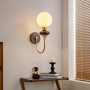 Vintage Wood Wall Sconce Globe Milk White Glass Wall Lamp Antique Brass Finish Metal Wall Light, Nordic Modern Deco Lighting Fixture Retro Walnut Wooden Sconces for Living Room Hallway