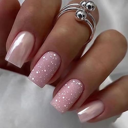 Medium Square Press on Nails Pink Fake Nails Glitter with