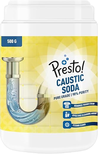 Amazon Brand - Presto! Caustic Soda Powder | 500 Gram | 98% Pure | Powerful Pipe & Drain Cleaner | Tough Stain Remover | Industrial Use