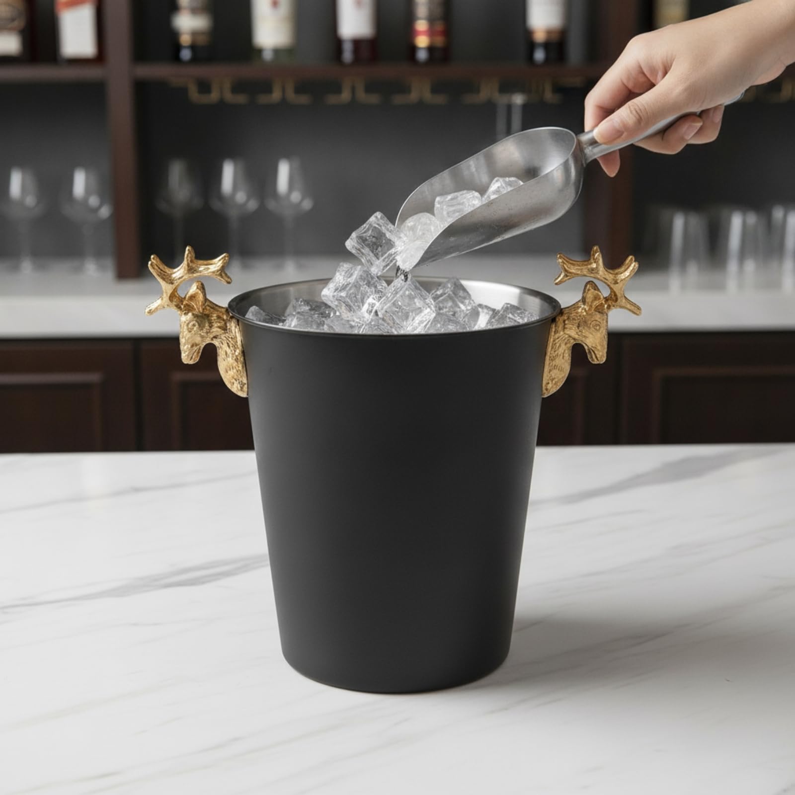 Cubo Hielo con Asta Elegante Hielera Acero Inoxidable Recipiente para Fiestas, Negro, Mediano 3L