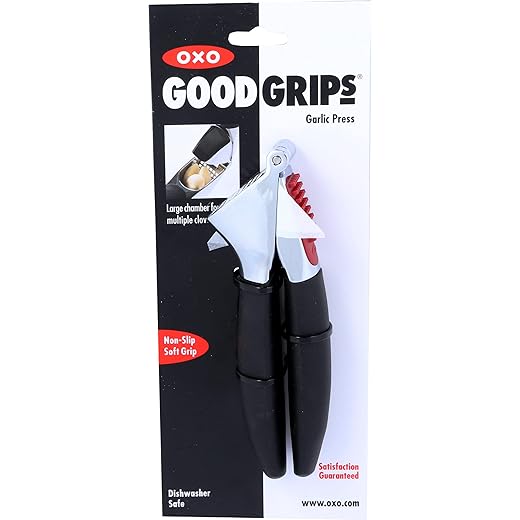 OXO Good Grips Knoflookpers met ingebouwde reiniger - Grote houder - Xwaar uitgevoerde zinken constructie - Vaatwasmachinebestendig - Zachte handgrepen met antislip voor comfort