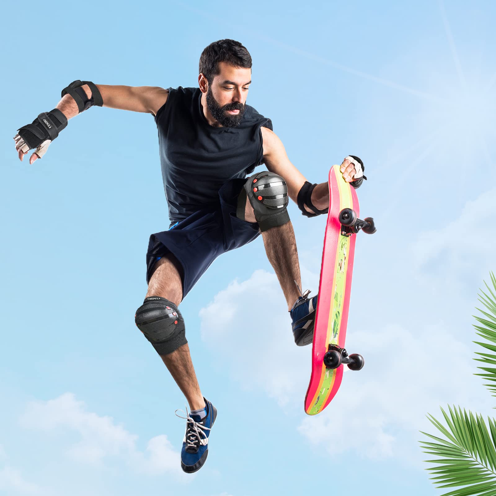CHEPULA Schoner Inliner Kinder Erwachsene, 6 in 1 Protektoren Set, Verstellbare Knieschoner Ellenbogenschoner Handgelenkschoner, Schützer Schutzausrüstung Schonerset für Skateboard Skate Skiing