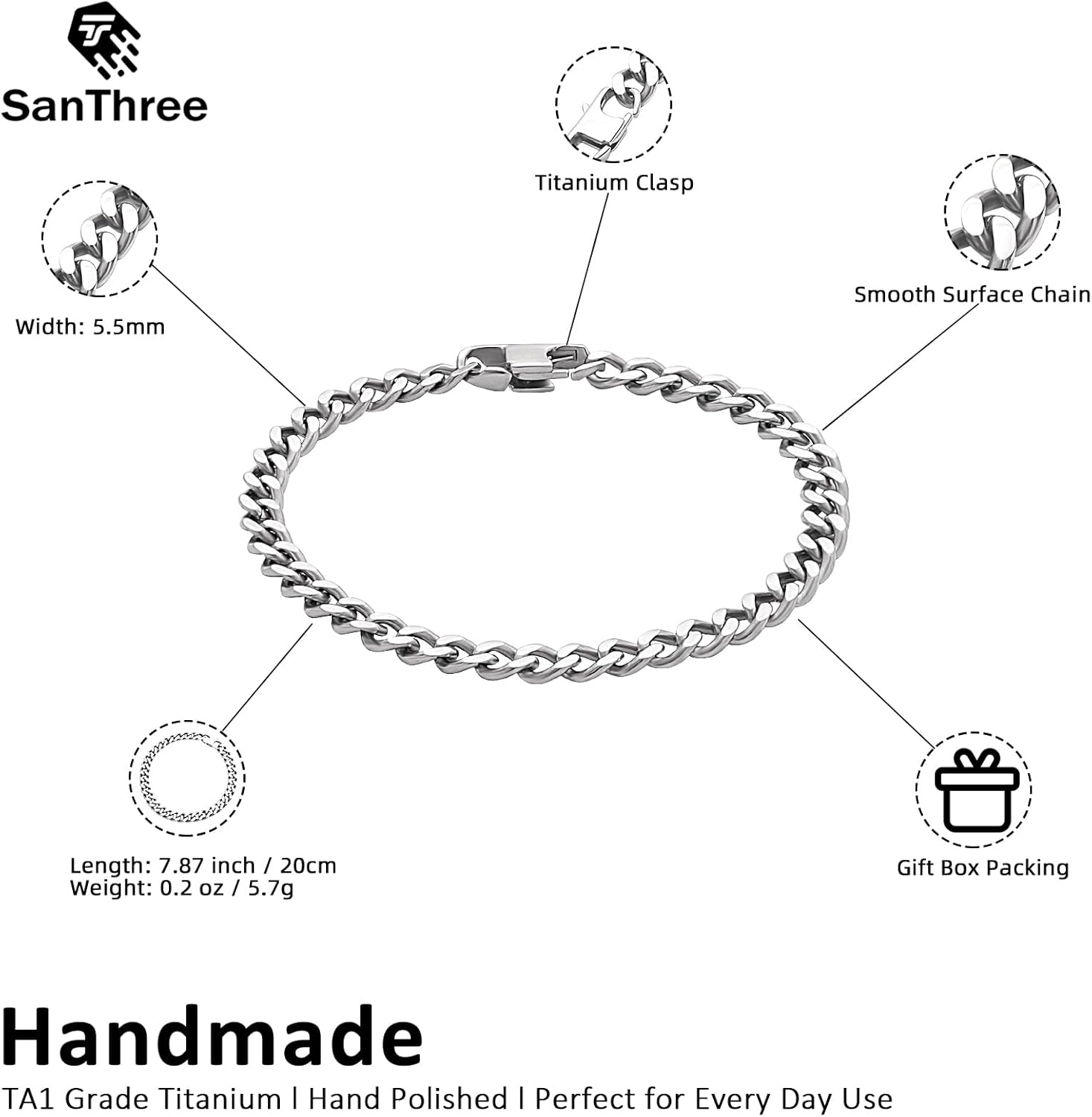 SanThree 5.5mm Pure Titanium Cuban Link Bracelet for Men Wrist, Ultra Light Skin Friendly Cuban Chain Bracelets for Women, 7.87 Inch Length Jewelry with Box Package - Image 4