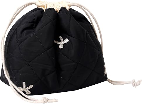Aesthetic Cotton Quilted Drawstring Makeup Bag - Cute Travel Toiletry Organizer with Canvas Lining, Lightweight and Durable Cosmetic Pouch for Women Girls Black bow