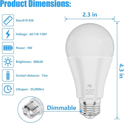 Miniatura 4 de Bombilla A19 que cambia de color con control remoto y control de aplicación, 800LM 9W (equivalente a 60W) regulable 3000K-6500K RGBWW, base E26