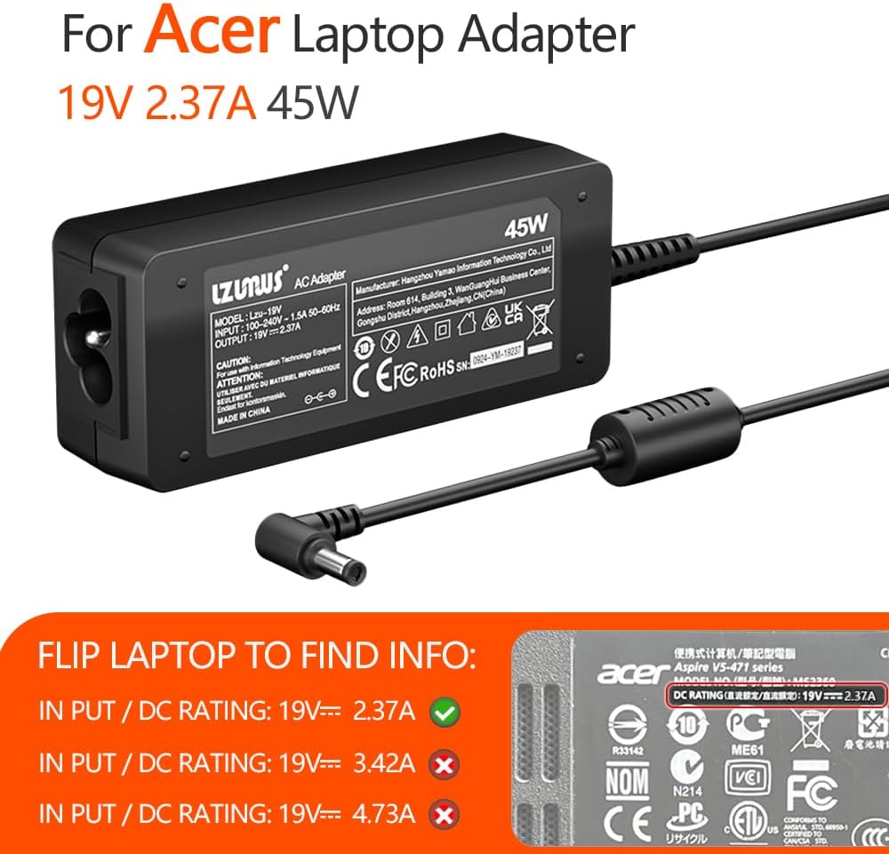 45W AC Adapter for Acer Laptop Chanrger 19V 2.37A 3.0x1.1mm Compatible with Acer Chromebook Aspire Swift 1/3 /5 Series Replacement Power Supply Cord image 3 of 8 B0DDSKCQF1
