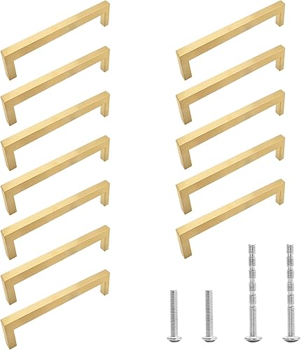 Miniatura 2 de Paquete de 12 tiradores cuadrados de color dorado cepillado para gabinete, manijas de gabinete de acero inoxidable de 5 pulgadas5.039 in, manijas de