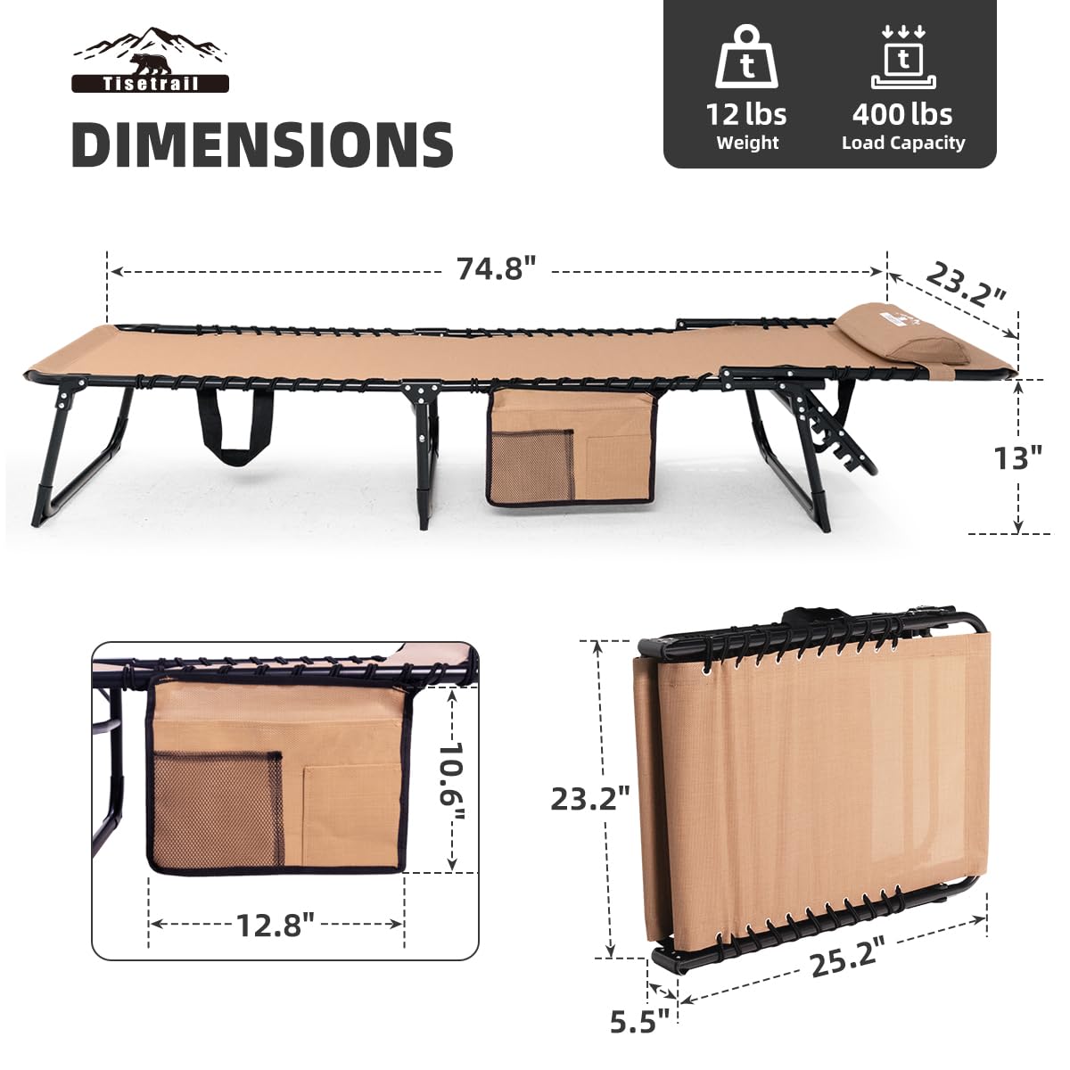 Tisetrail Chaise Lounge Chair 5 Positions Folding Patio Chaise Lounges Bed Lay Flat Recliner with Pillow for Pool, Sunbathing, Camping, Patio, Supports 400lb