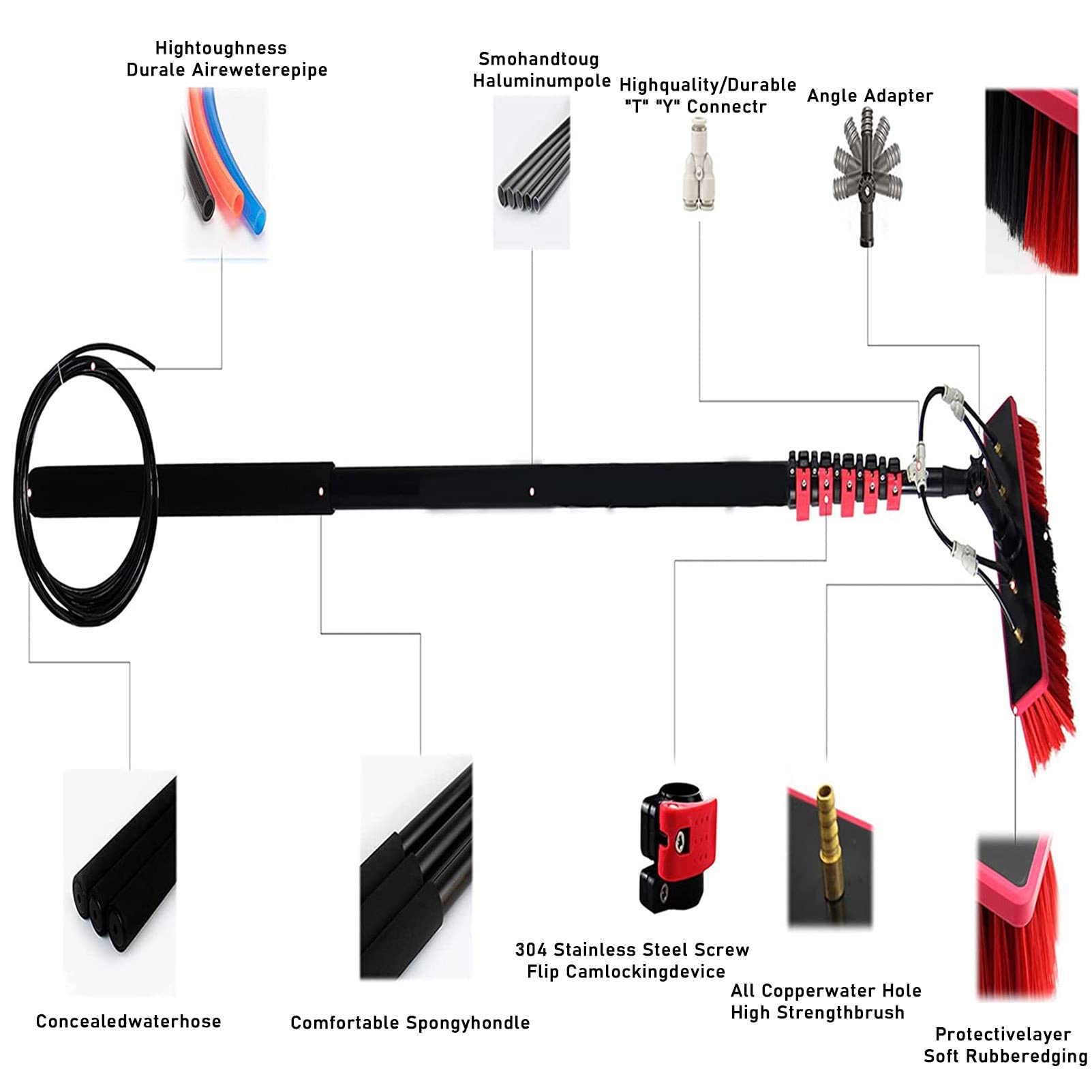 Kit de limpieza de paneles solares y ventanas, cepillo extensible de 35 cm con poste de suministro de agua de 10 m, ideal para limpieza de techos de invernadero, herramienta de limpieza eficiente al