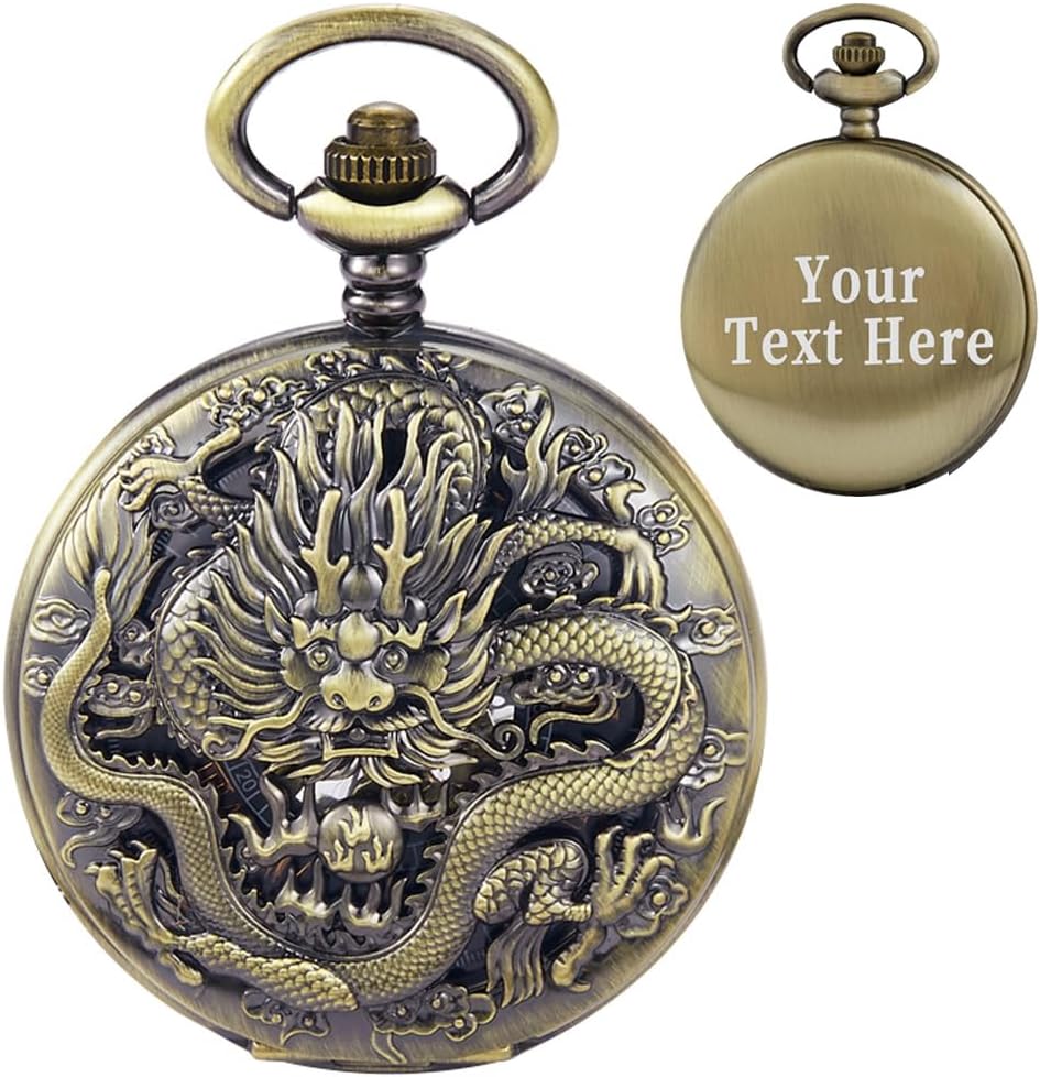 Personalization Pocket Watch Men's 3D Bronze Dragon Hand Wind Mechanical Roman Numerals Customized Pocket Watches Men Steampunk with Chain Box