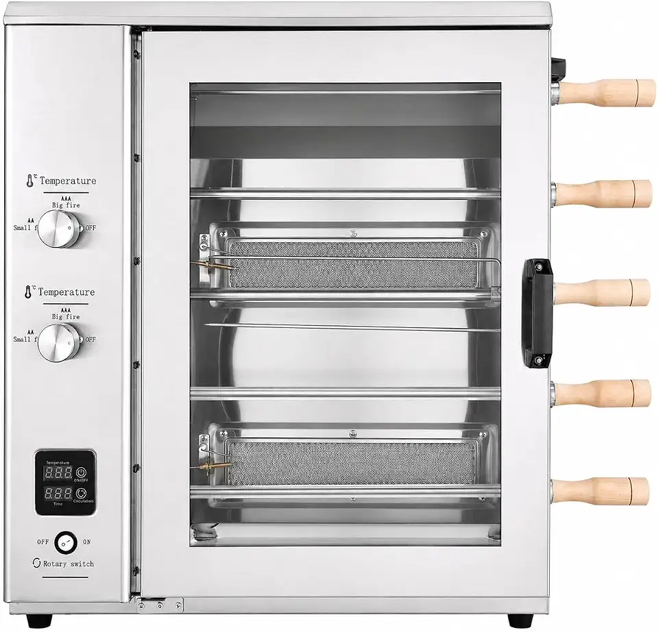 ERZODA Assador Rotativo de Frango a Gás GLP Comercial, 5 Espetos, Forno Rotisserie em Aço Inox para Restaurantes e Churrascarias