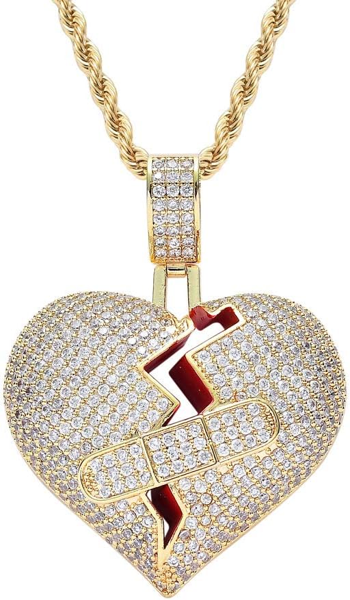 Hip Hop 18K Gold Plated Iced Out Full Cubic Zircon Broken Heart Band Aid Necklace Pendant for Women Men