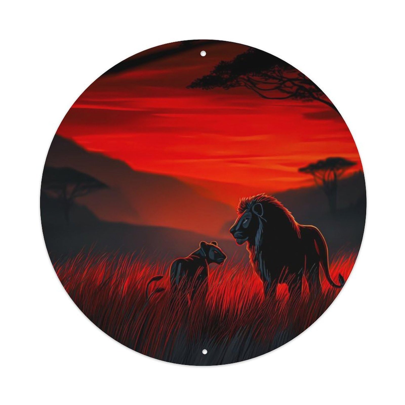 Animal Two Lions African Safari Dusk Landscape Vintage Metal Tin Sign Plaque Wall Decor for Cafe, Club Bar, Office, Garden Metal Poster 8x8Inch