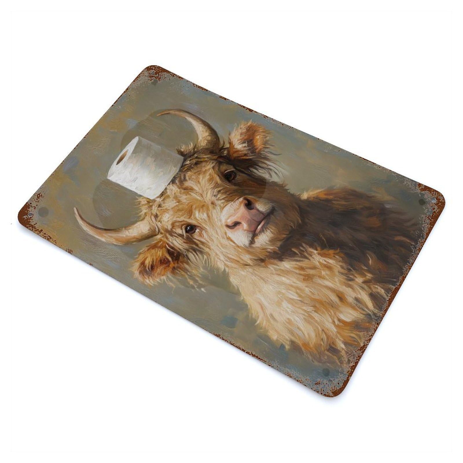 Highland Cow with Toilet Paper Decorative Tin Sign 11.8"x7.9", Old School Wall Decor for Garage, Pub Or Kitchen