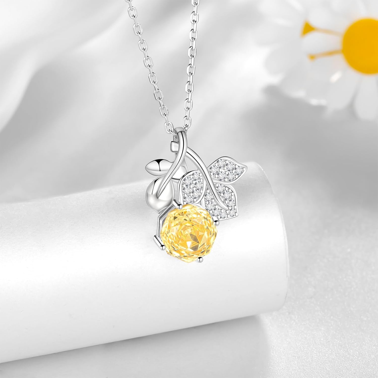 Aurora Tears Birthstone Rose Pendant Necklace - 925 Sterling Silver Rose Cut Cubic Zirconia Flower Leaf Necklace Anniversary Birthday Jewelry Gift for Women Wife Mom Daughter - Image 3