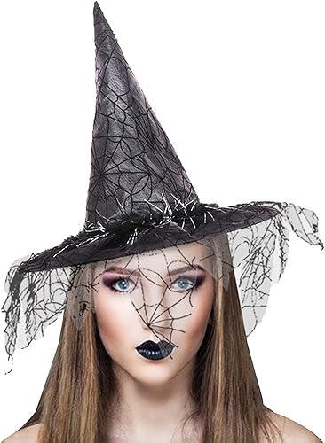 Sombrero de bruja de Halloween para mujer, velos de encaje vintage, sombreros impresos, suministros de fiesta, accesorios de disfraz de Halloween