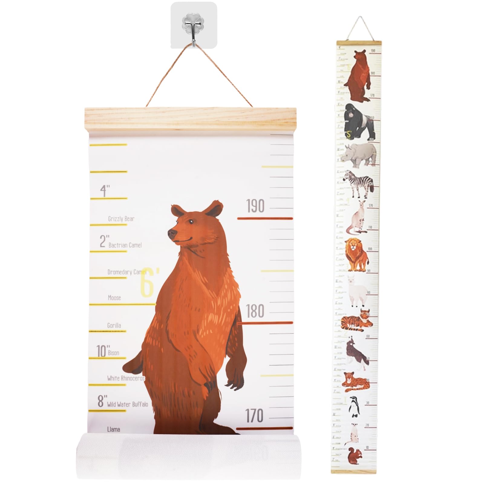 Medidor Niños Pared, 195 cm x 20 cm Medidor Altura Gráficos de Crecimiento para Colgar en la Pared, Tabla de Crecimiento con Gancho, para Decorar Habitación de Children y Bebé(Patrón de Animales)