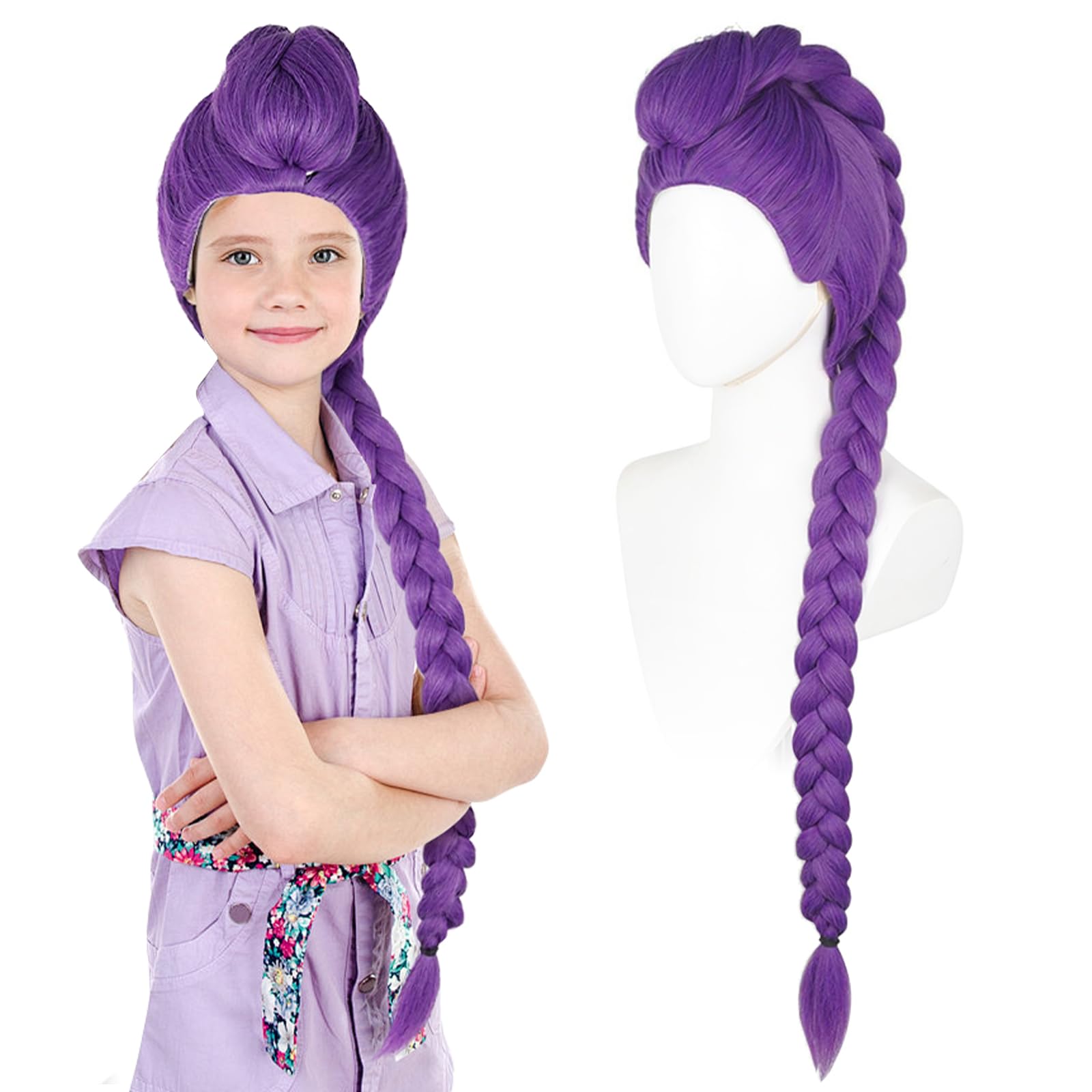 Peluca larga de color morado trenzado para cosplay de anime, para mujer y niños, resistente al calor, fibra sintética, talla única ajustable