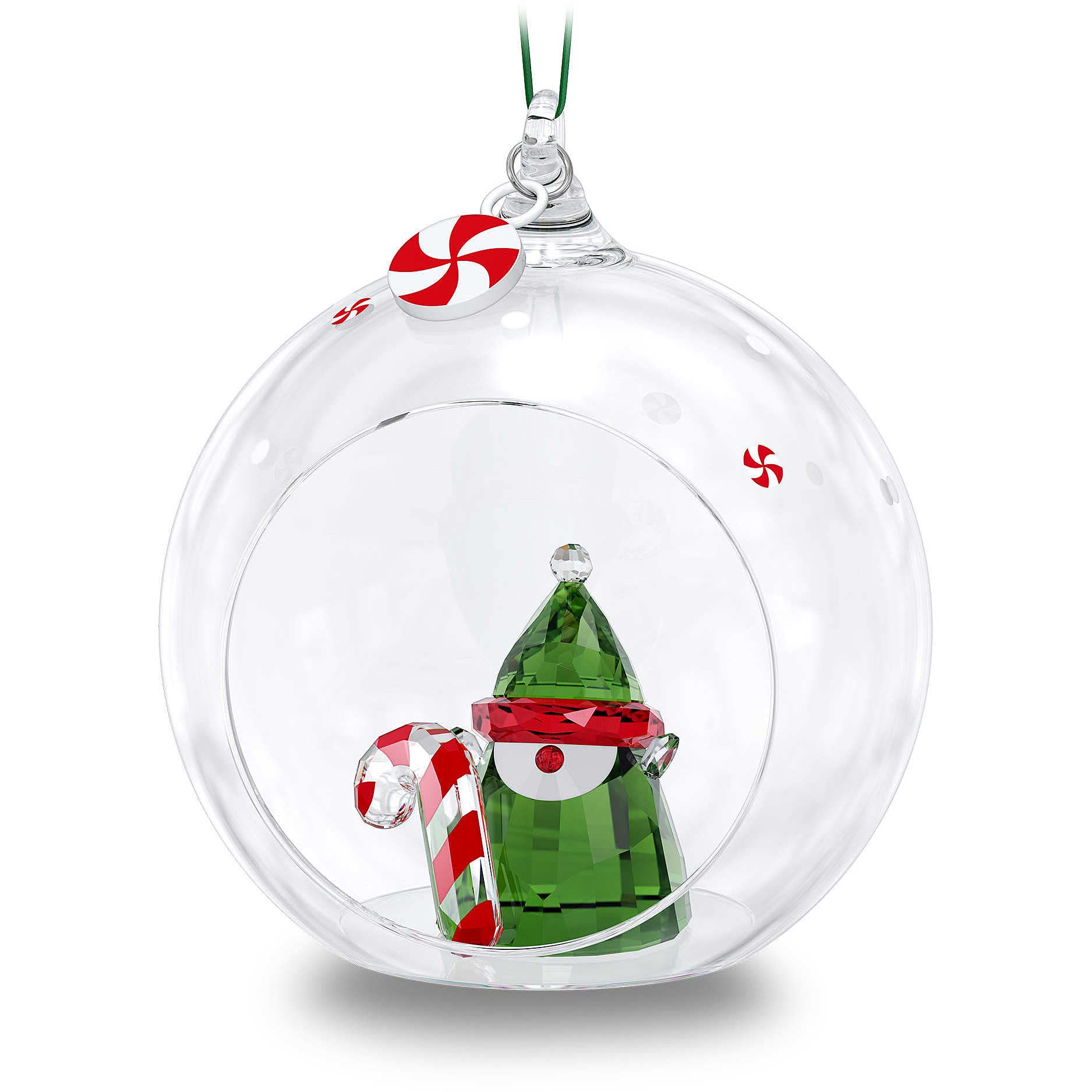 Swarovski Holiday Cheers Santa’s Elf Ball Ornament, Multicolored Swarovski Crystals on Green Satin Ribbon, Part of the Swarovski Holiday Cheers Collection