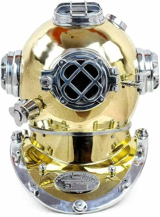 Maritime Scuba Replica Shiny Brass & Silver Diving Helmet Authentic Vintage Style Standard Collectible for Home Décor Maritime Enthusiasts and Diving History Buffs, Large