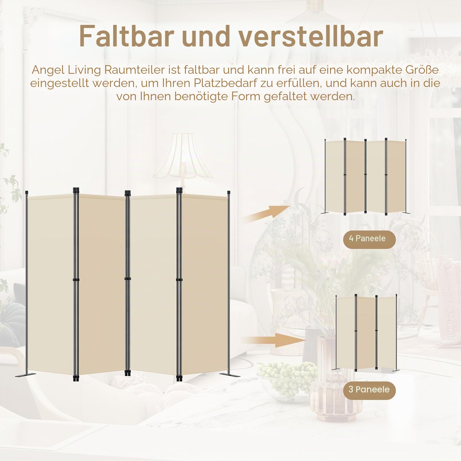 Angel Living Paravent 4tlg Sichtschutz,Faltbildschirm Raumteiler Sichtschutz aus Stahl und Polyester (Beige)