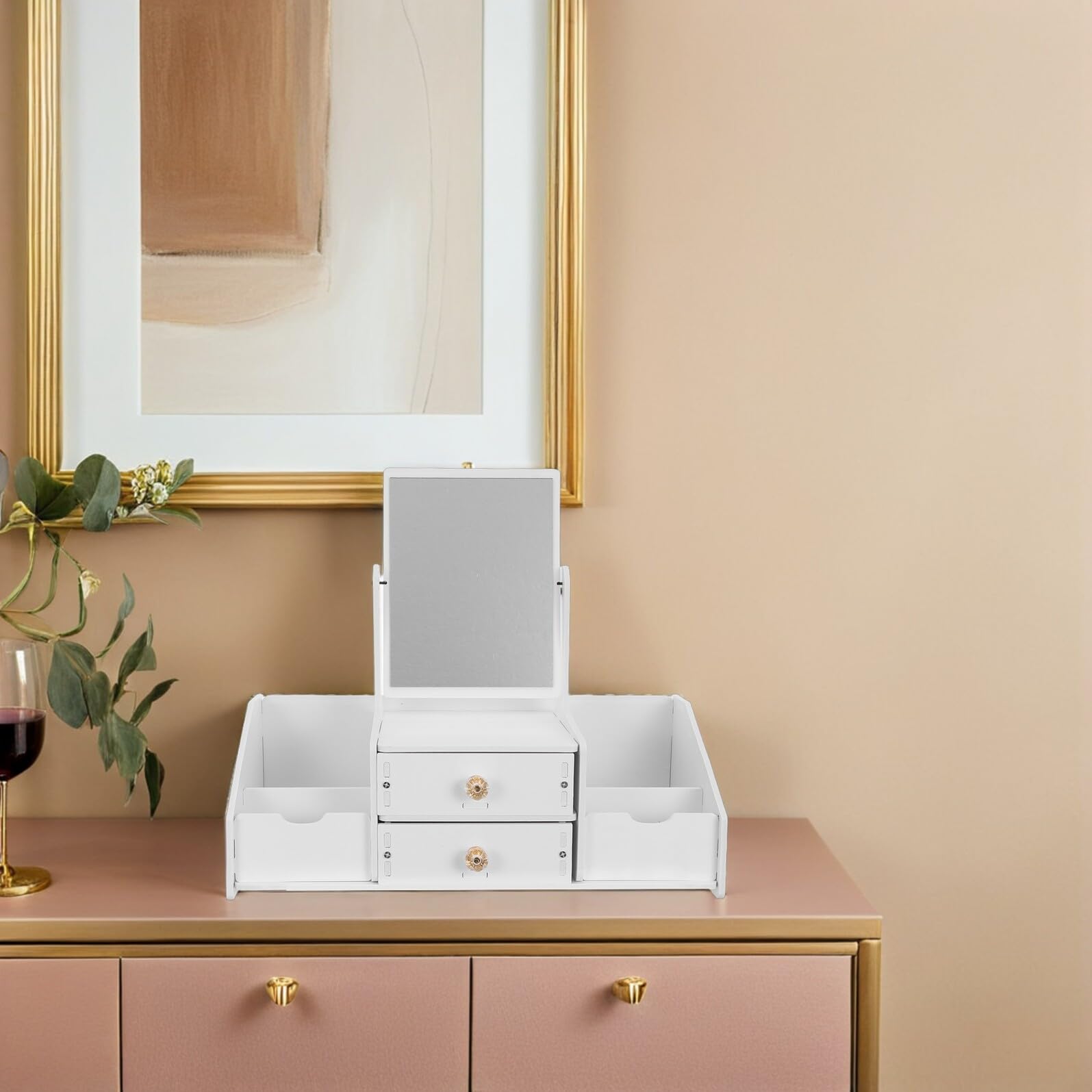 Abaodam Organisateur de Maquillage Multifonction et Tiroirs Pratiques en Bois Plastique Blanc avec Miroir en Verre pour Cosmétiques et Soins Peau