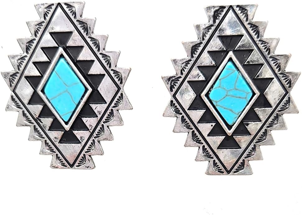 Western Squash Blossom Dangling Post Earrings Navajo Diamond Concho (Turquoise)