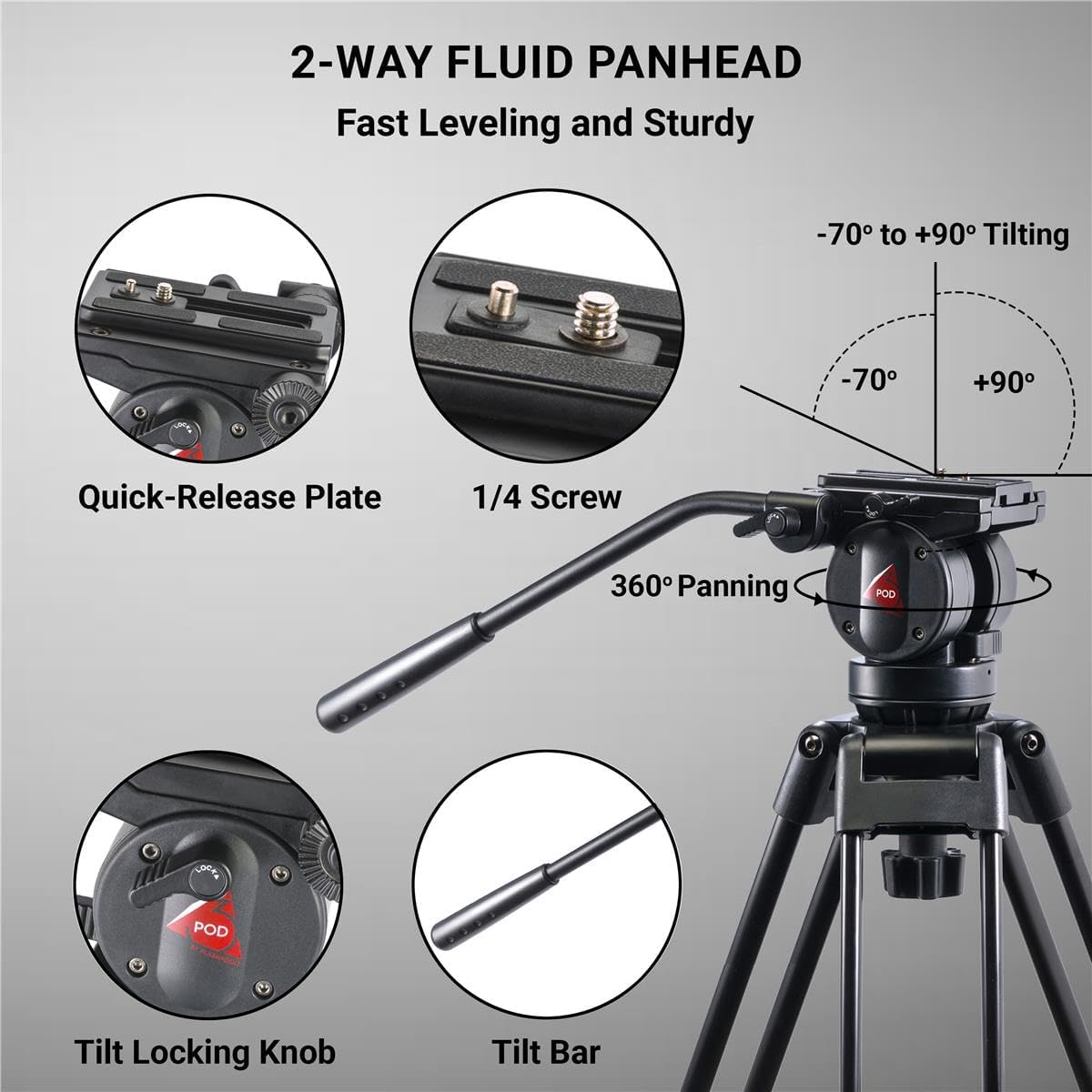 3Pod V3AH 3-Section Aluminum Video Tripod for Camera, Professional Camera Tripod with 2-Way Fluid Head, Mid-Level Spreader, Quick Release Plate, Max Load 8.8 Lbs., 61" Max Height Heavy Duty Tripod