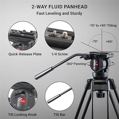 Miniatura 5 de 3Pod V3AH - Trípode de video de aluminio de 3 secciones para cámara, trípode profesional para cámara con cabezal fluido de 2 vías, esparcidor de