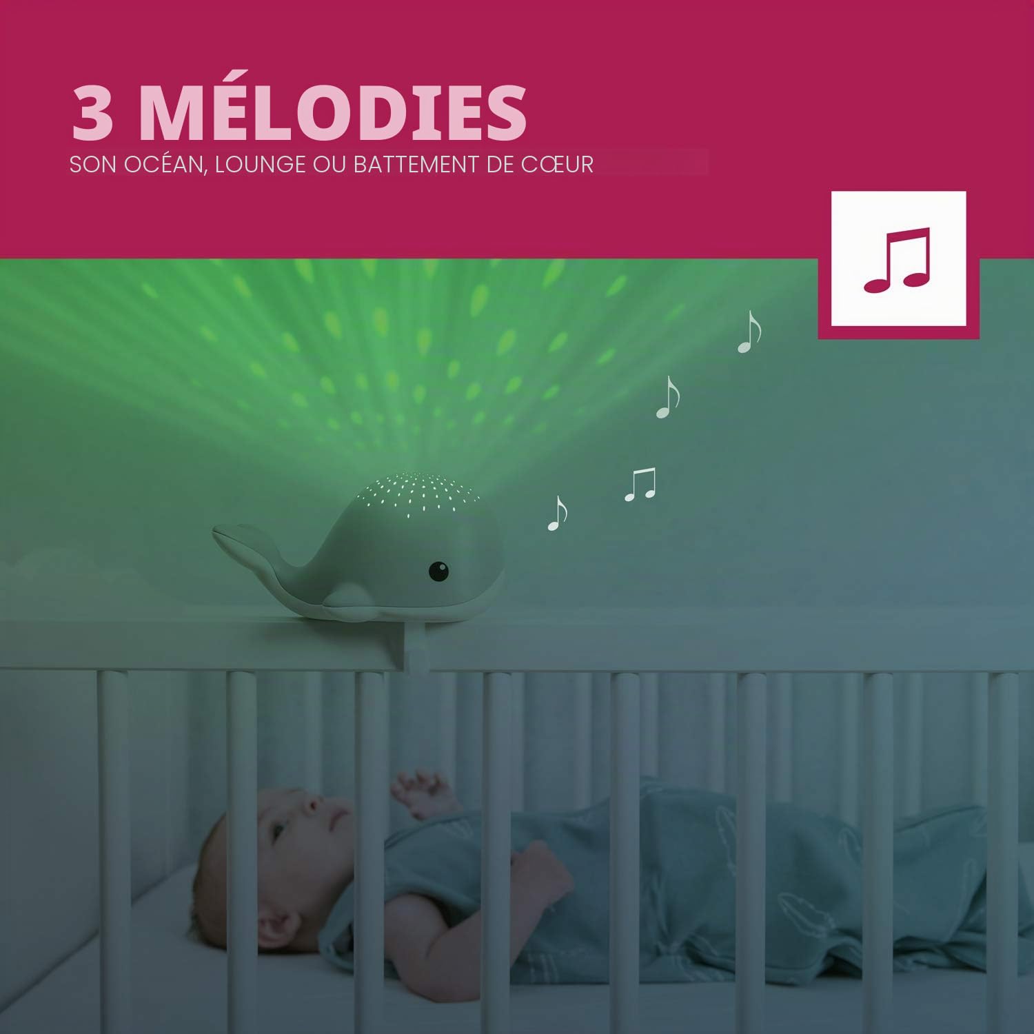 ZAZU Wally The Whale Projecteur de lumière pour bébé avec mélodies apaisantes | battements de cœur, son de l'océan ou musique de salon | Volume variable | Capteur de cri | Arrêt automatique