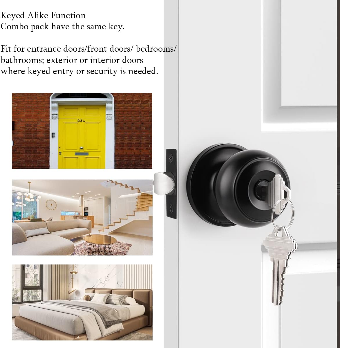 Probrico Picaportes planos negras para puerta de entrada con llave