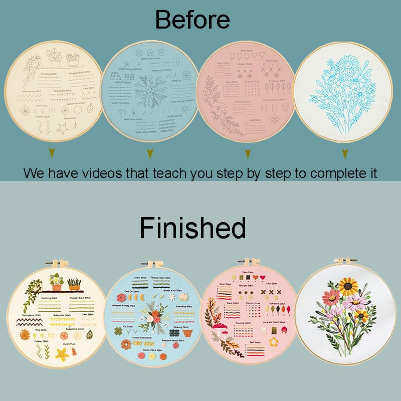 Image of Sutesloly Hand Embroidery Kit for Beginners, 4 Sets Learn to Floral Patterns Simple Beginner Starter kit for Adults, 33 Stitches Easy Embroidery Practice Kit, 7.8inch Hoop, DIY Craft Gift for Women