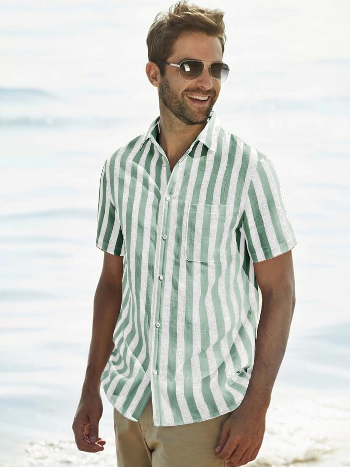 Runcati Mens Striped Button Down Shirts Casual Short Sleeve Linen Shirt Summer Beach Vacation Tops - Image 5