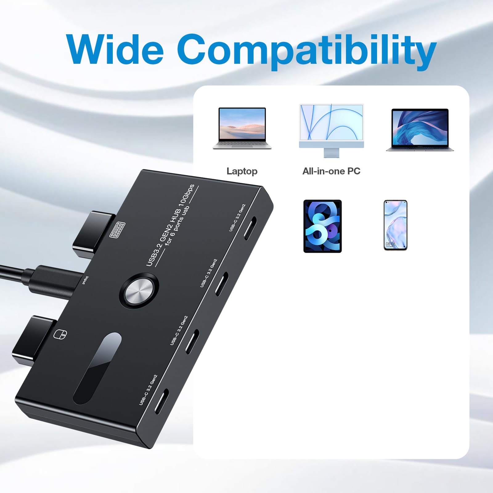 Adaptateur USB de type C 6 ports pour transfert de données et connexion de périphériques de clavier, répartiteur USB à plusieurs ports