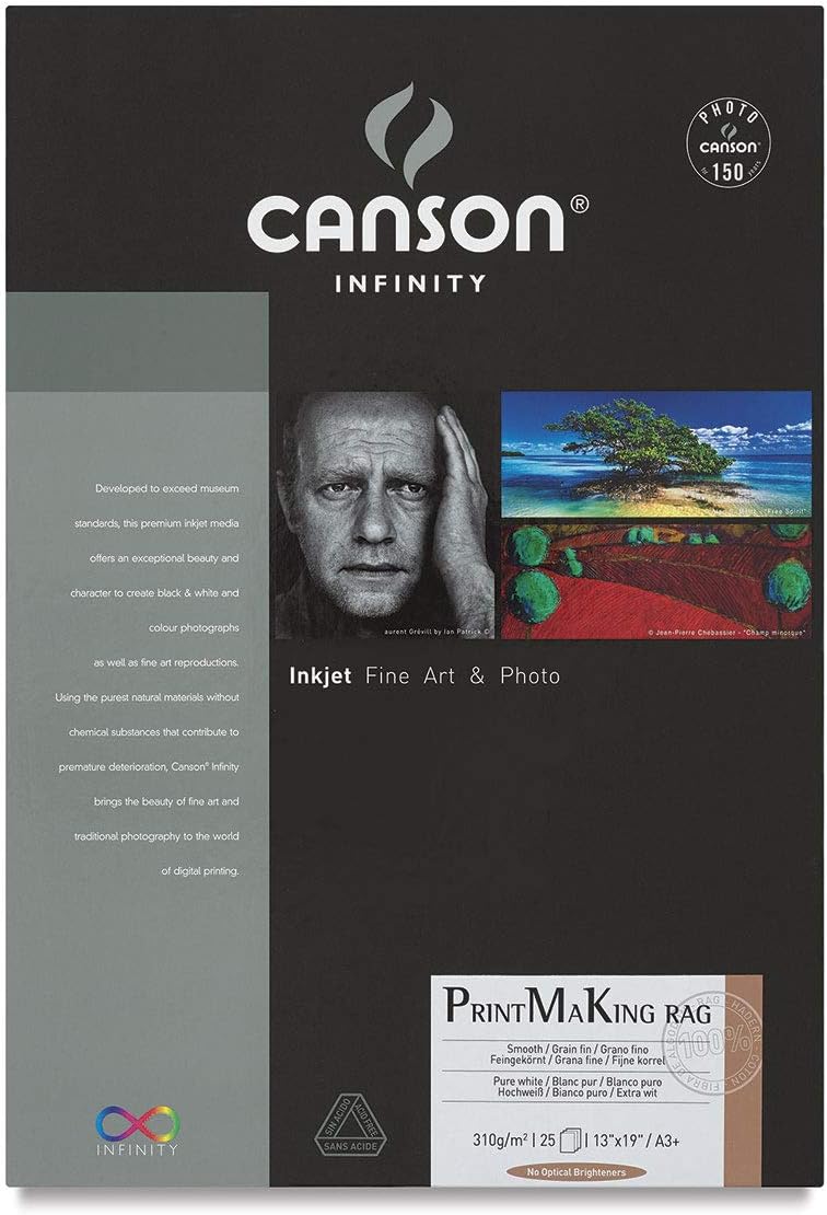 Canson Infinity Print Making Rag 310gsm, Natural White Matte Inkjet Paper, A3+, Box of 25 Sheets