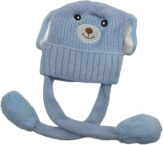 Kids Winter Warm Knitted Long Tail Cap with Ear Cover | Soft Woolen Beanie Hat for Boys and Girls Age 3–15 Years | Cozy Plush Lined Cap with Hanging Earmuffs | Winter Headwear for Kids Blue