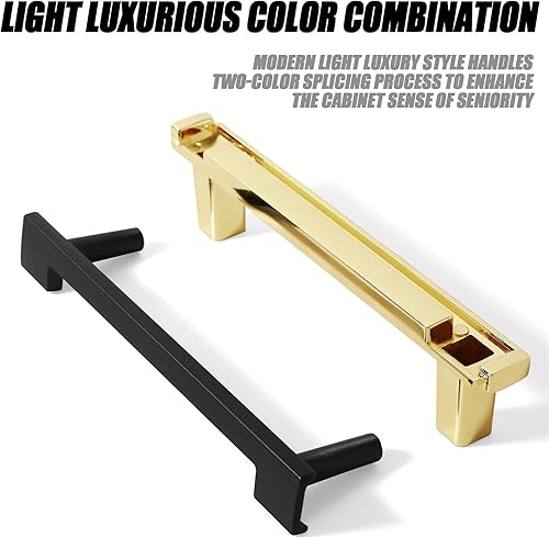 Miniatura 6 de Kcmwsy Paquete de 5 tiradores de gabinete en negro mate y dorado brillante, manijas de gabinete de cocina de aleación de zinc, tiradores cuadrados