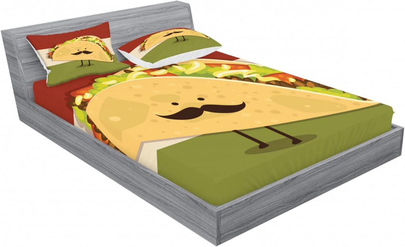 Ambesonne Food Fitted Sheet & Pillow Sham Set, Mexican Taco with Mustached Face Rolled with Veggies Humor Comic Art, Decorative Printed 6 Piece Bedding Decor Set, Queen, Paprika Green