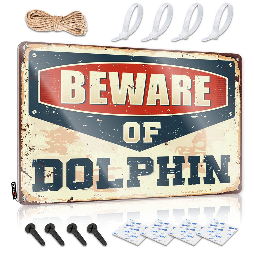 HELIOFORGE Garage Accessories For Man Cave Beware Of Dolphin Sign Funny Signs Metal Funny Bar Signs For Home Bar(30X40CM)
