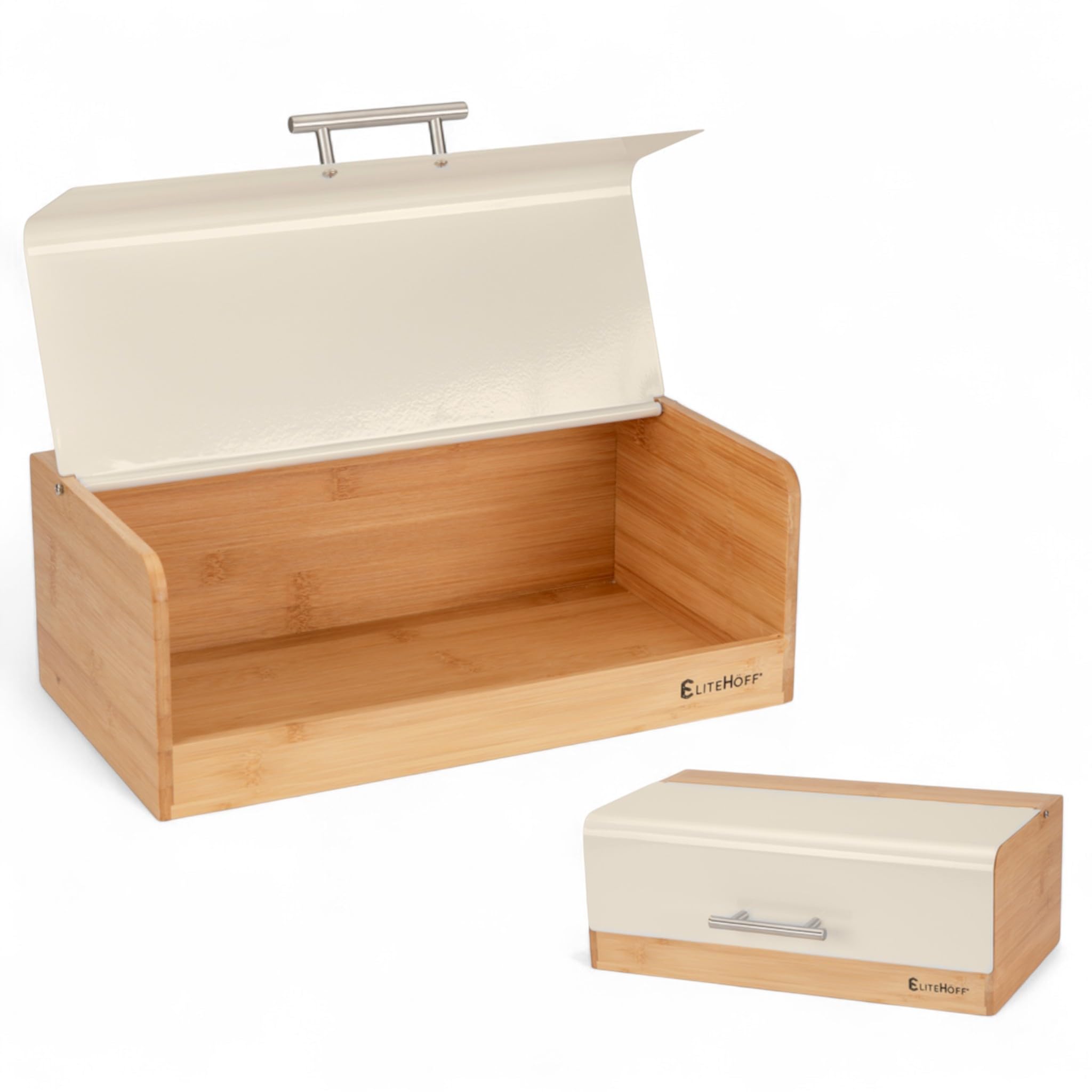EliteHoff panera bambú metal, panera 36 x 20 x 14 cm, contenedor de almacenamiento de pan de bambú y metal, canasta de pan (beige)