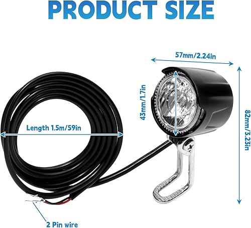 Miniatura 2 de Faro eléctrico para bicicleta, DC 6V-60V, brillo de 30 lux, luz delantera Ebike 2 pines con cable de 4.9 ft