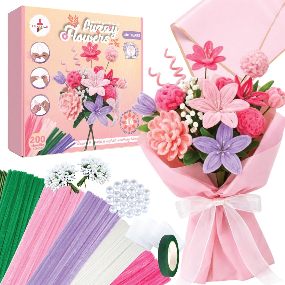 Kalakaram DIY Fuzzy Flower Kit | Pipe Cleaners for Craft Flower Making Set | Fuzzy Chenille & Fluffy Sticks with Floral Tape, Wire & Accessories | Mess-Free Arts & Craft Activity for Kids & Adults-image-11