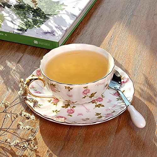 Juego de té de porcelana hecha a mano taza de café elegante con impresión rosa blanca fina real tazas (rosa y blanco)