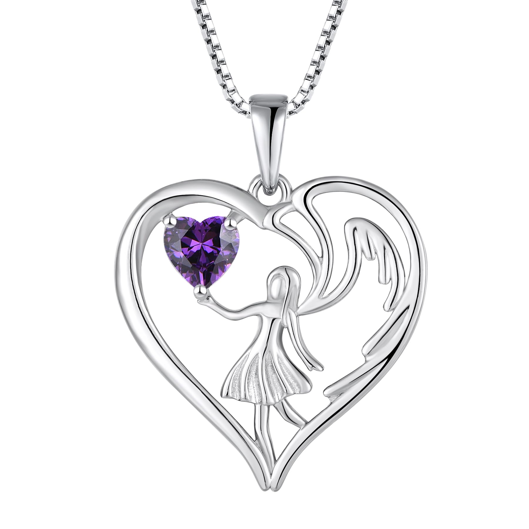 FJ Herz Schutzengel Kette Damen 925 Sterling Silber Engelsflügel Anhänger Halskette mit Geburtsstein Zirkonia Schmuck Geschenke für Frauen Mädchen