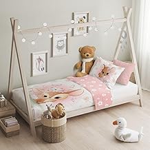 Children's Bed Linen Set 100 x 135 + 40 x 60 cm with Printed Deer Motif 100% Cotton Zip Easy Care